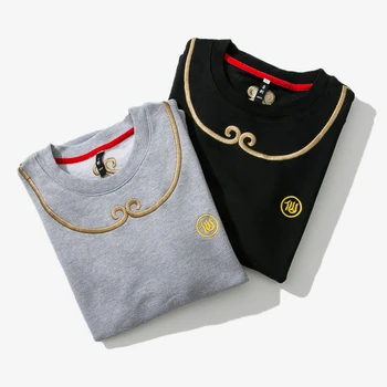 

High Quality Men Embroidery 100%Cotton Pullovers Male Cartoon Pattern Coat Ethnic Couple Retro Fleece Sweatshirts