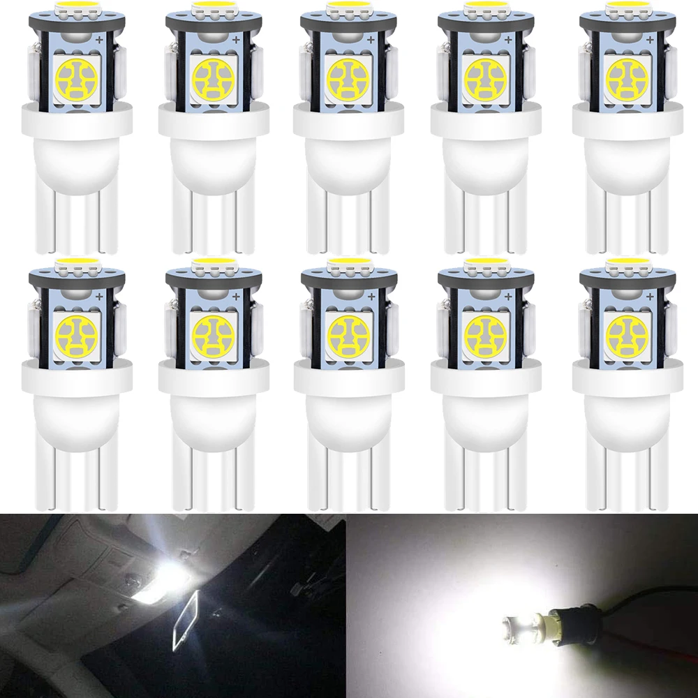 

10-Pack 194 T10 W5W Wedge 168 2825 158 501 White 5 SMD LED Bulbs for 12V Car RV Interior Dome Map Door Trunk License Plate light