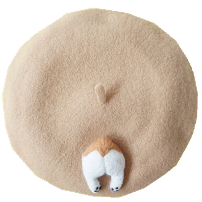 

Autumn Winter Vintage Cute Corgi Beret Women Artist Cap Ladies Wool Hat Headwear Berets