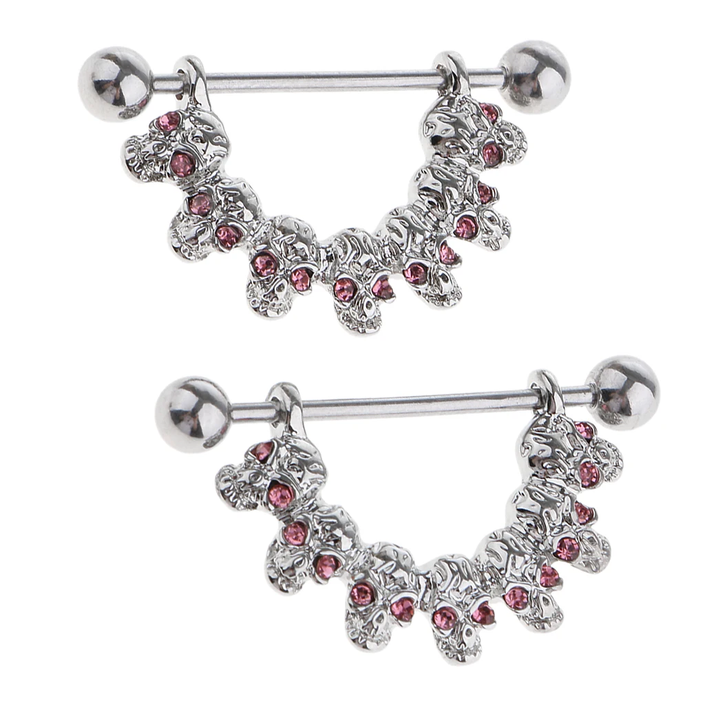 1 Pair Dangle Skull Charm Nipple Ring Rhinestone Eyes Circle Shield Body Jewelry 16 Gauge Sexy Lady