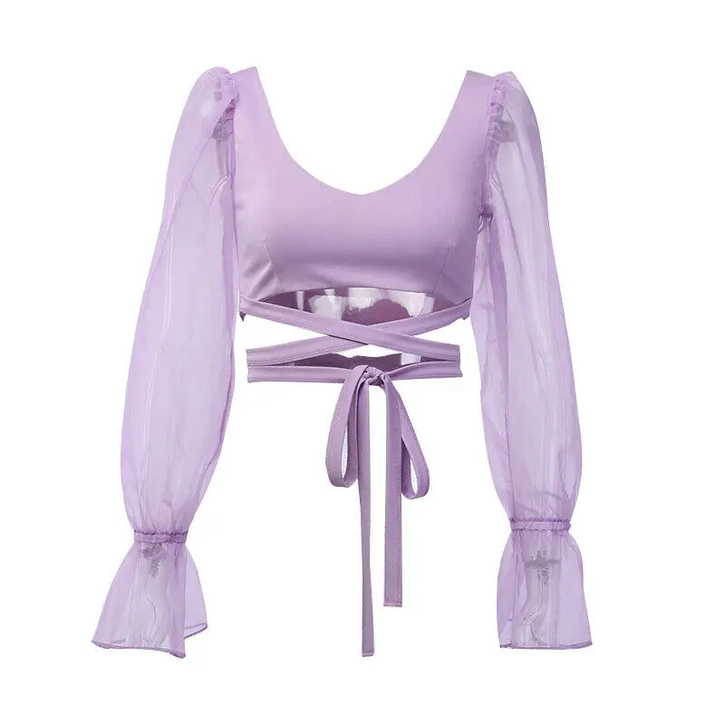 

2019 Ladies Women Blouse Summer Sexy Mesh Sheer Crop Top Long Sleeve V-Neck Transparent Solid Purple Black Blouse Tops