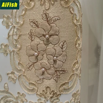 

European Embroidered Pearl Window Screen Luxury Bedroom Curtains Living Room Velvet Curtains White Transparent Yarn ZH034-4