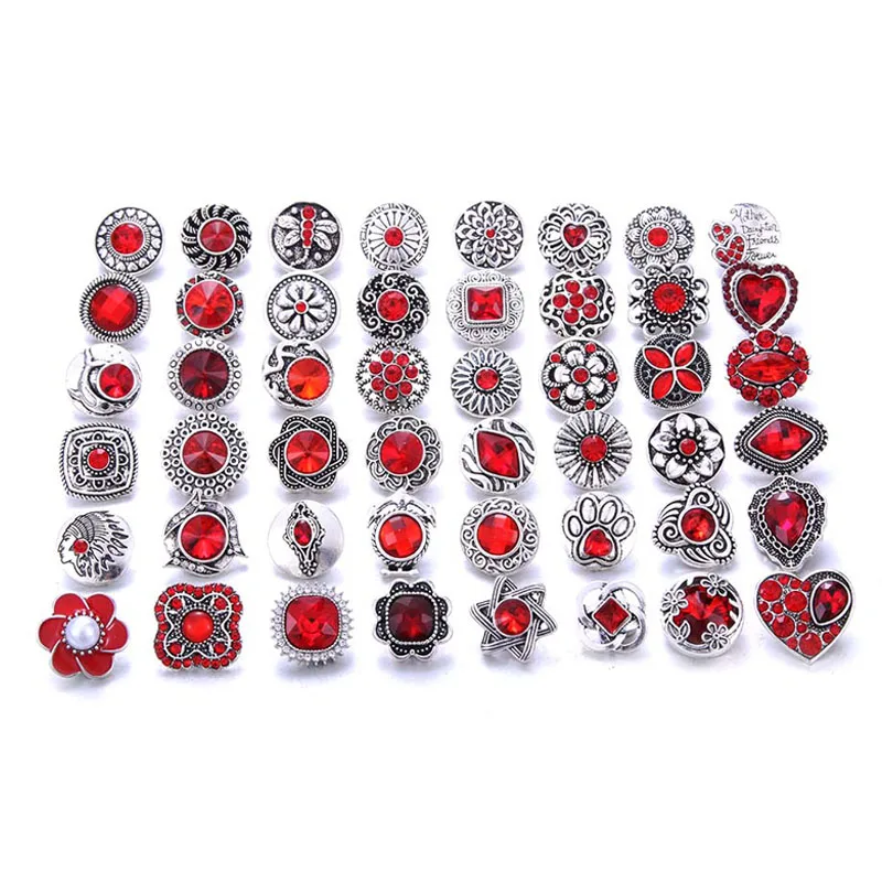 

10pcs/lot Wholesale Snap Jewelry Mixed Red Rhinestone Flower Metal Charms 18mm 20mm Snap Button Jewelry for Snaps Bracelet
