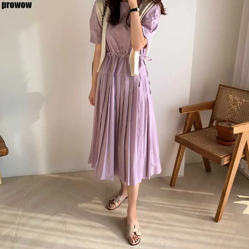 Office Lady Work Dress Korea Design Drawstring Slim Chic Pleated Long Dress Vintage Women Holiday Casual Summer Dress 2020