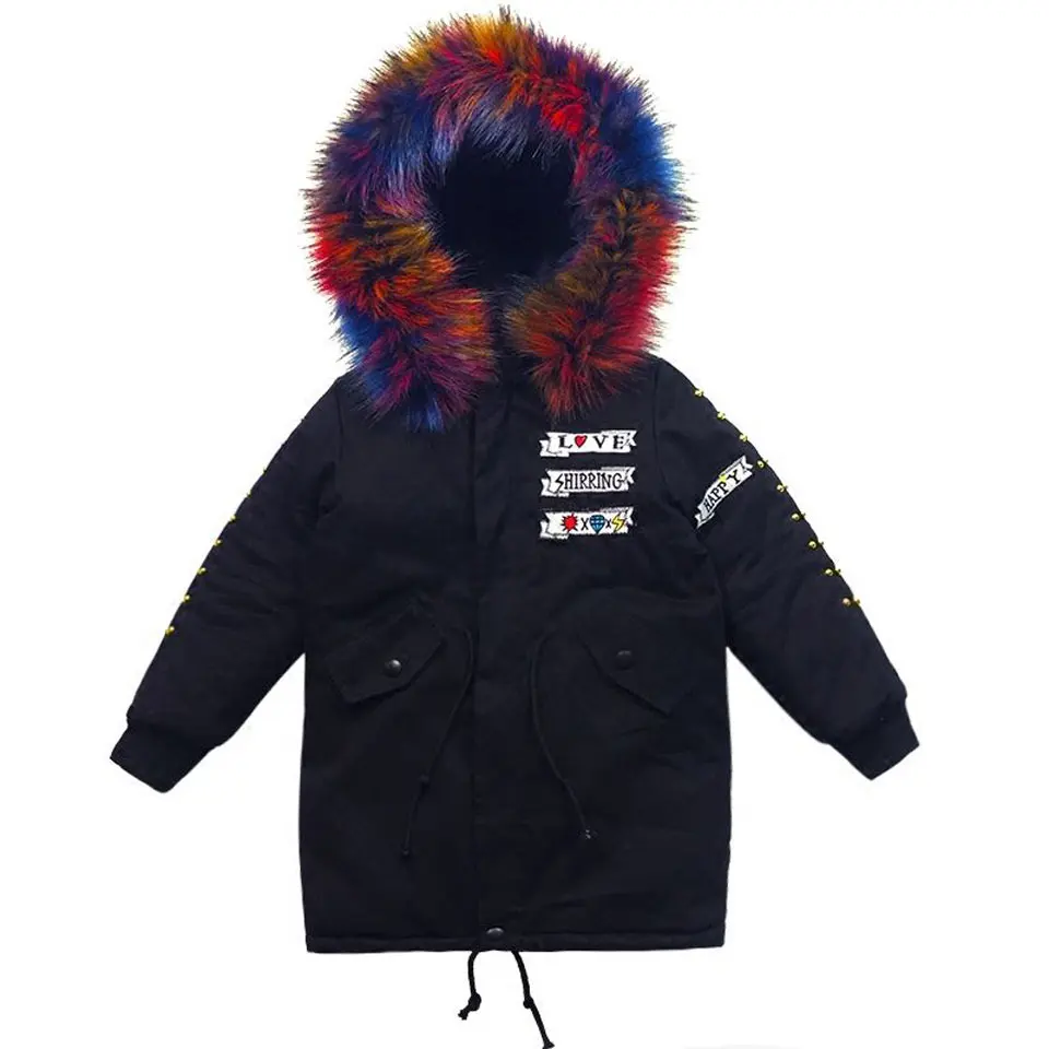 Куртка для мальчиков, новинка года, брендовые зимние куртки с капюшоном парки с рисунком для мальчиков-подростков, плотное длинное пальто детская одежда - Цвет: Черный