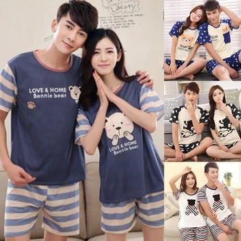 

Couples Sleepwear Women Men Summer Cartoon Short Sleeve Pullover Pants Pajamas Set Cotton Casual Lounge Wear New M/L/XL/2XL 2020