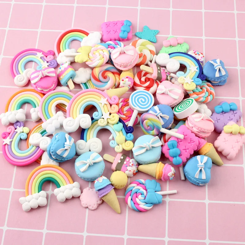 

50pcs Soft ceramics polymer clay rainbow Lollipop Macaroon charms kawaii cabochon pendant jewelry making Diy Ornaments Material