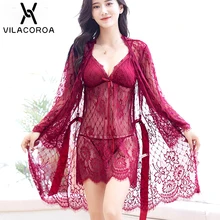 Прозрачная кружевная ночная рубашка с v-образным вырезом, платье из трех частей, сексуальное платье на бретельках с лоскутным поясом, пижама, соблазнительная эротическая одежда, женский халат