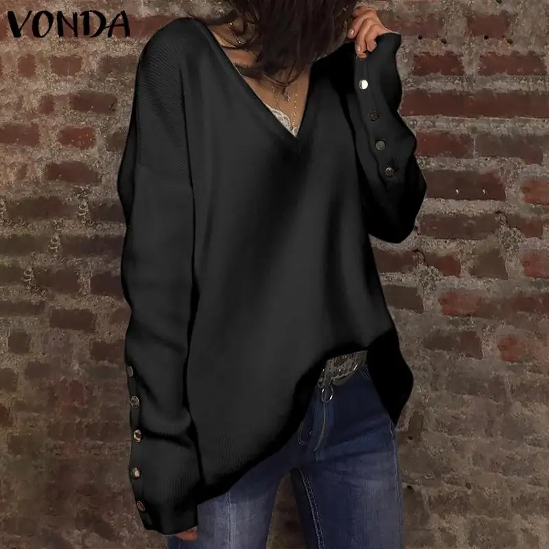 VONDA осенний S-5XL вязаный женский свитер мягкий теплый свитер с длинным рукавом на пуговицах зимний женский джемпер уличная одежда