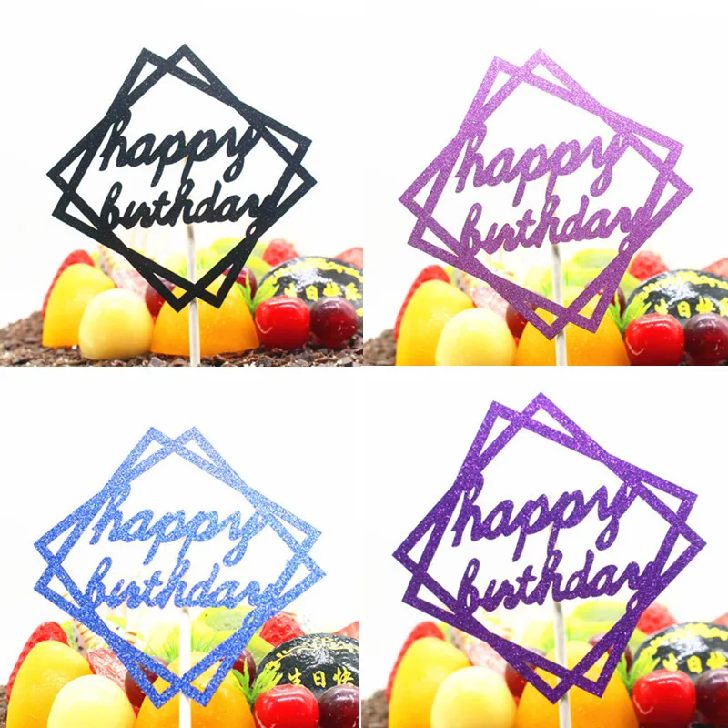 1Pc Geometrico Happy Birthday Cake Topper Glittler Square Cake Bandiere Compleanno Festa Nuziale Torta Cottura Decor Bandiere Cupcake