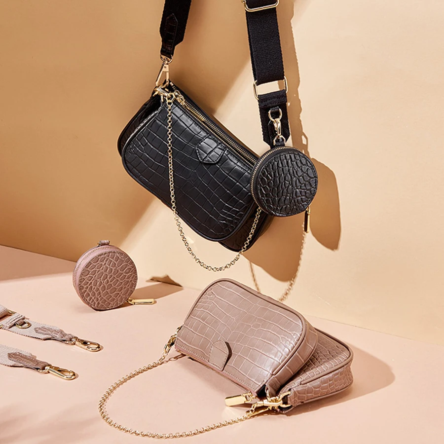 

Fashion Genuine Leather Women Shoulder Messenger Bag Casual Crossbody Bags Women Handbags Totes Bag 3 Sets Evening Clutch Purse