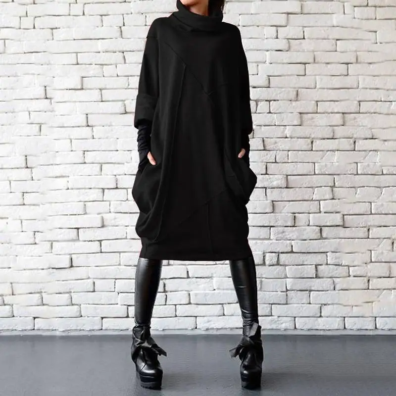 Модное женское платье с высоким воротом, ZANZEA, Осенний сарафан с длинным рукавом размера плюс, с карманами, Vestido, повседневный длинный пуловер, свободный халат, 5XL - Цвет: Черный