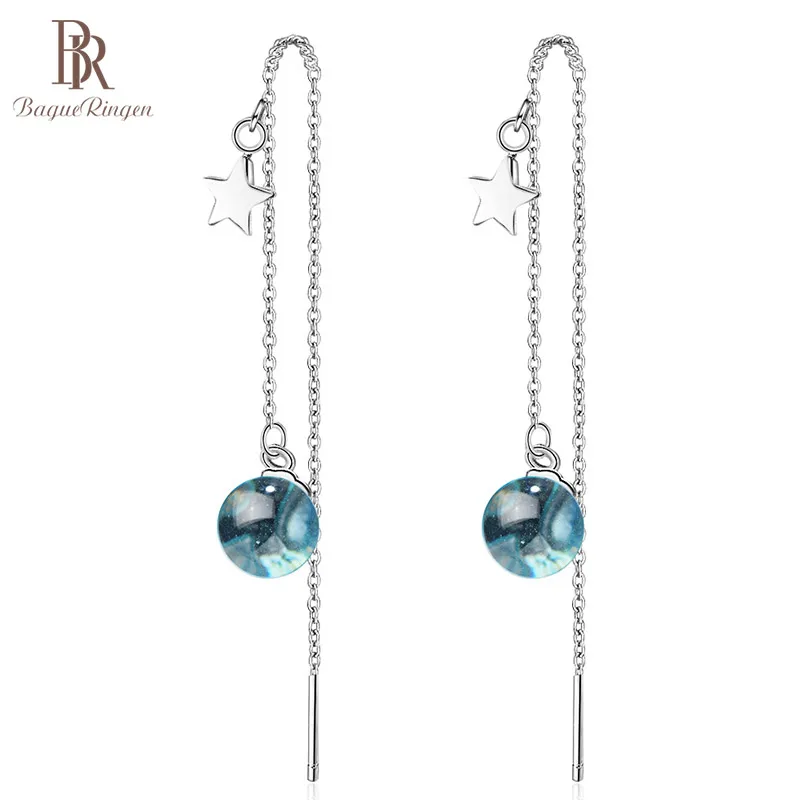 

Bague Ringen 925 Sterling Silver Earring Round shape Moonstone Water Drop Long Tassel Earrings For Women Wedding Party Jewelry