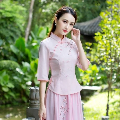 SHENG COCO зеленая китайская блузка с вышивкой Cheongsam топы Женская традиционная одежда в китайском стиле чайный Костюм 4XL плюс размер - Цвет: pink qipao top