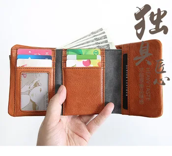 

Handmade wallet men's short leather tri-fold wallet top layer cowhide youth buckle student vertical vegetable tanned leather