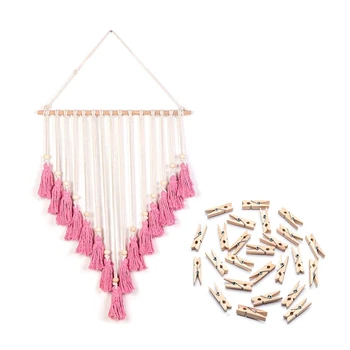 

Wall Photo Display Macrame Wall Hanging Boho Bohemian Decor Art & Home Living Picture Dorm,Pink For Room Hanger 25 Clips Wood