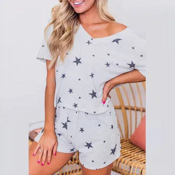 

2020 2PCS Women Stars Print Short Sleeve Pajama Set Night Lounge Top Short Sleepwear pijamas mujer домашняя одежда для женщин