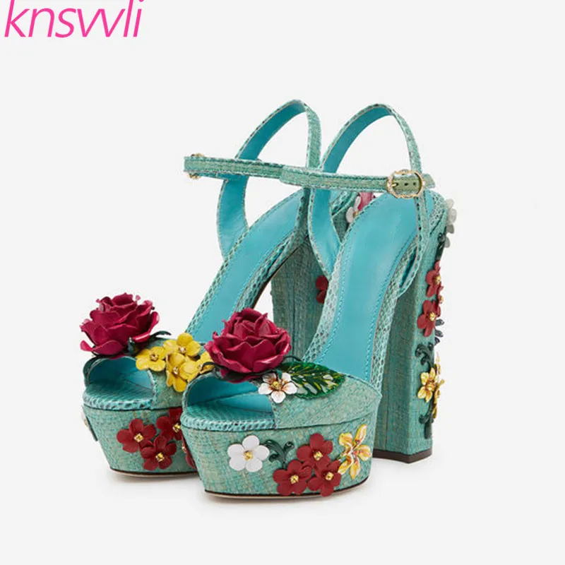 

Light Blue Snake Pattern Platform Sandals Women Rose Flowers Chunky Heels Sandalias Mujer Extreme High Heels Party Shoes Woman