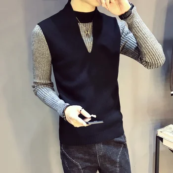 

2020 Sweater Fake Two Pullover Men's Fashion Sweater Men Thick Warm Sweater Long Sleeve High Quality Shirt Slim Knit Sweater