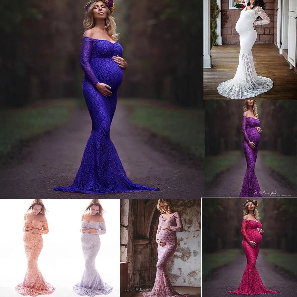 

Maternity Photography Props Dress Women Pregnant Off Shoulder Maternity Dresses Lace Nursing Long Dress For Photo Shooting