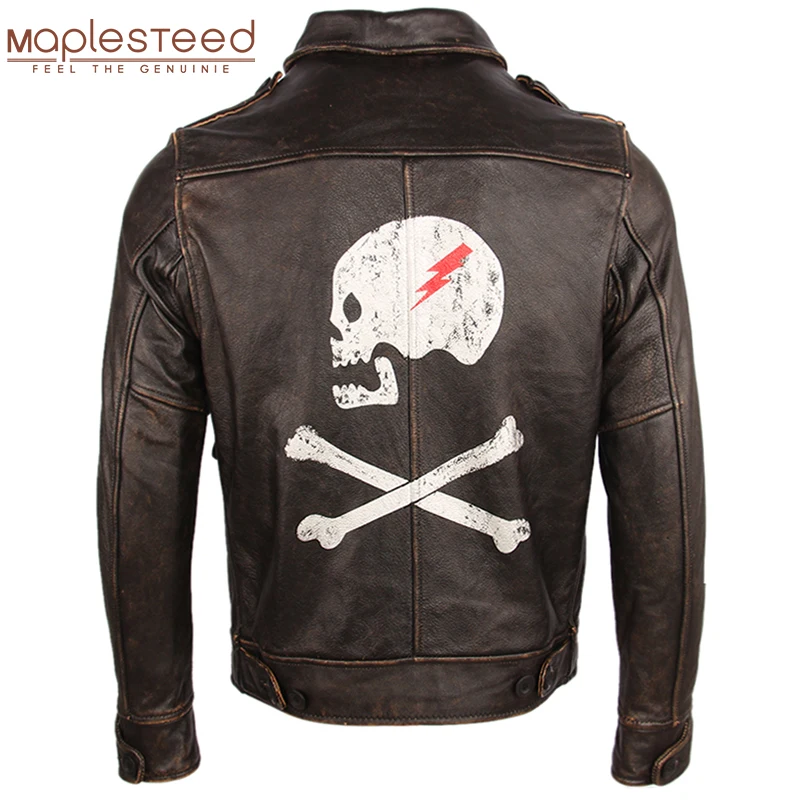 

Vintage Distressed Men Leather Jacket Skull Printed 100% Calfskin Soft Slim Fit Leather Jacket Autumn Male Winter Clothing M254