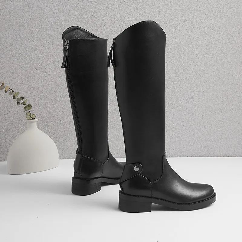 ASUMER/Большие размеры 34-43; модные сапоги из натуральной кожи; женские сапоги до колена на молнии с круглым носком; сапоги для верховой езды на квадратном каблуке;