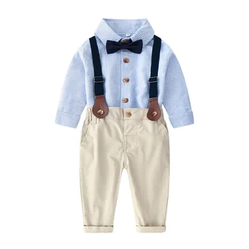 

2020 Baby Spring Autumn Clothing Kids Baby Boy Formal Gentleman Clothes Long Sleeve Striped Shirt+Overall Pants Fall 2Pcs Set