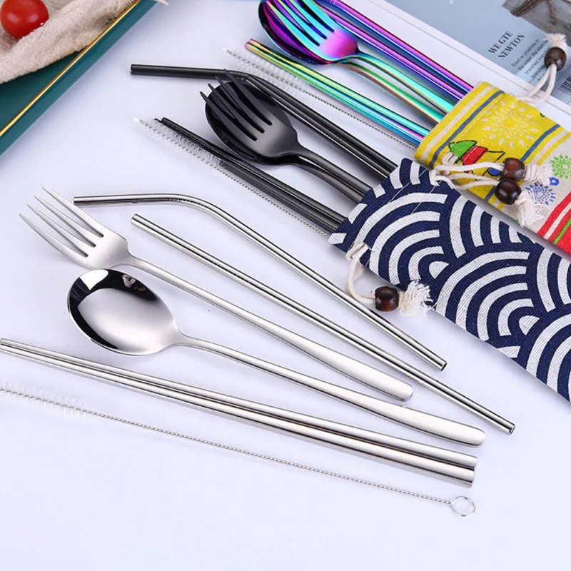 5 шт новая нержавеющая сталь Экологическая защита красочная Ложка Вилка соломенные палочки для еды с льняной сумкой