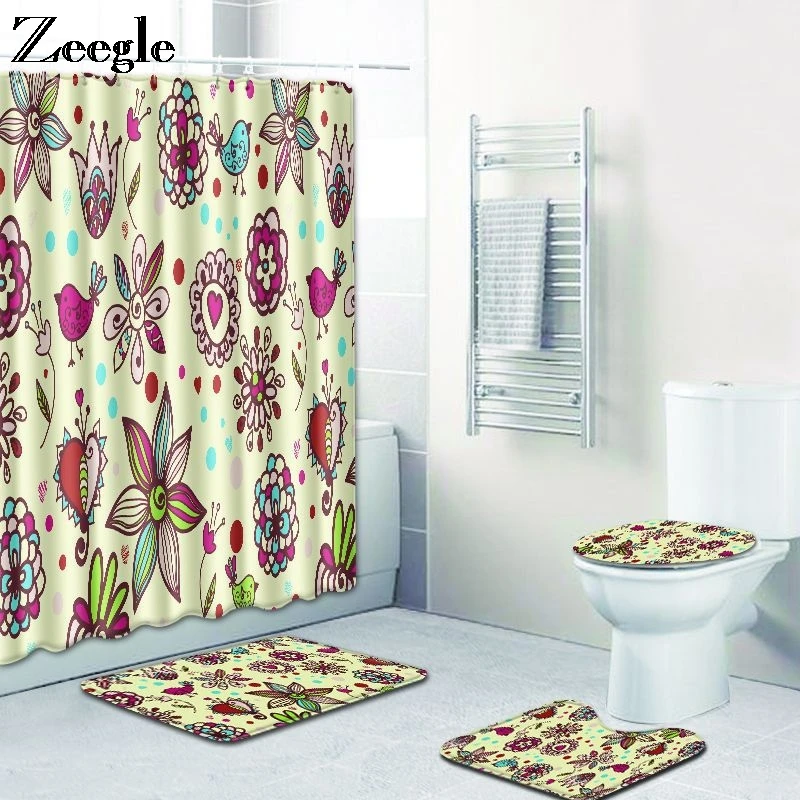 Zeegle 4pcs Bath Mat Set Absorbent Toilet Pedestal Rug Anti Slip Bathroom Doormat Absorbent Bathroom Carpets Washable Toilet Set