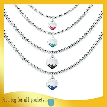 

Hot Fashion Splash Enamel Heart-shape Pendant 4mm Bead Necklaces for Women Valentine Gift S925 Sterling Silver 1:1 LOGO Jewelry