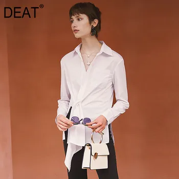 

DEAT Women White Asymmetrical Knot Stitch Blouse New Lapel Long Sleeve Loose Fit Shirt Fashion Tide summer 2020 JX671