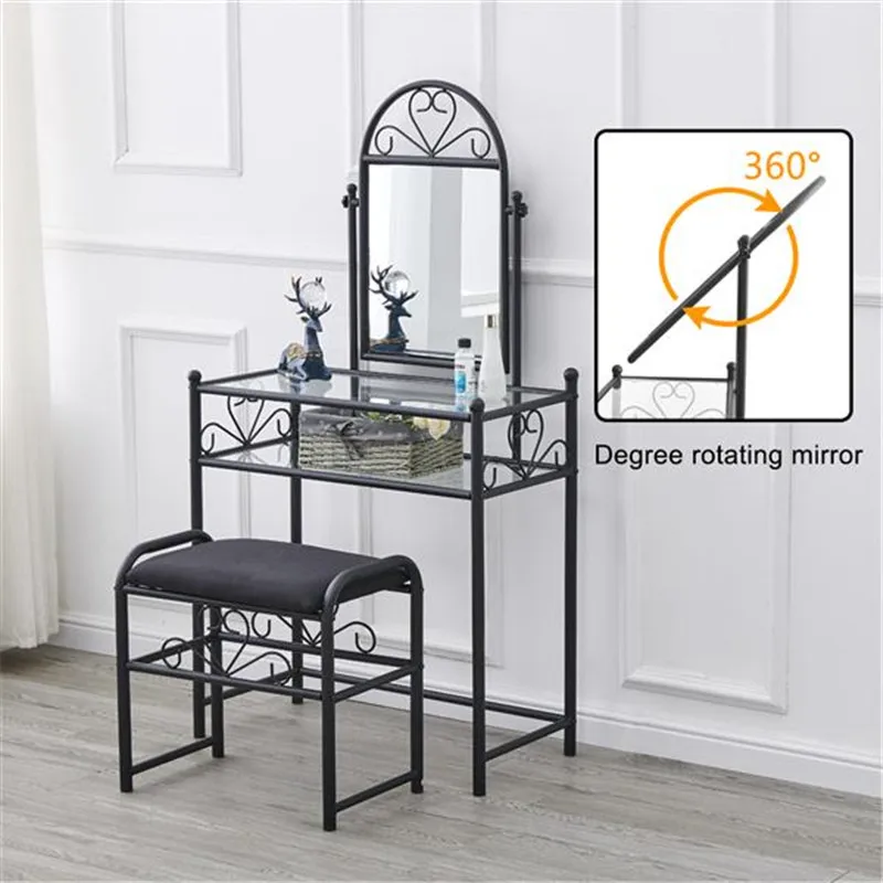 

Makeup Vanity Desk Dresser Dressing Glass Table Simple Iron Mirror Dresser with Square Dressing Stool Chair Bedroom Furniture