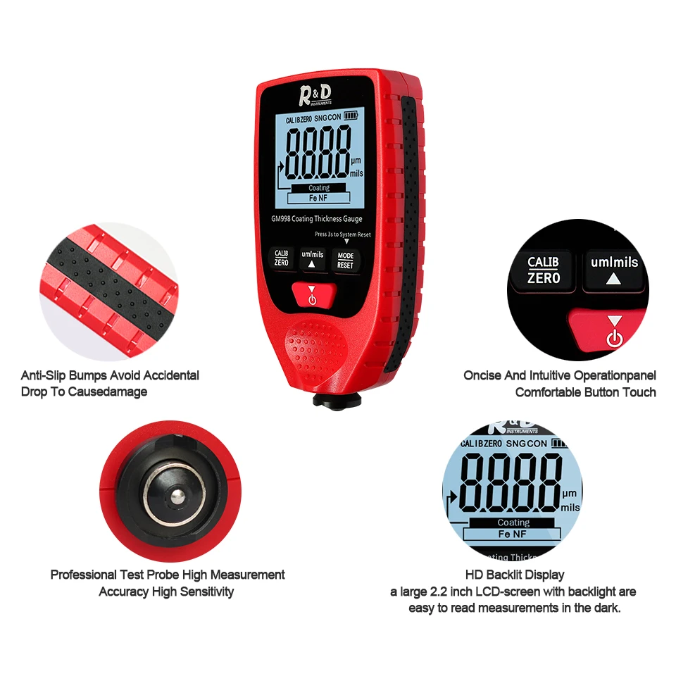 R& D автомобильная краска покрытие толщиномер из металла с гальваническим покрытием толщина тестер метр 0-1500um Fe& NFe зонд GM998 красный