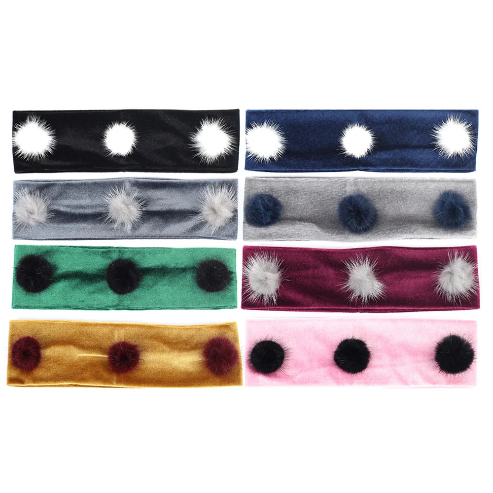

Newborn Winter Girls Headband Baby Solid Velvet Headbands with Real Fur Pompom Stretchy Headband with Applique Hair Accessories