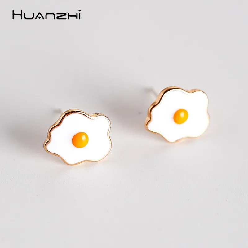

HUANZHI 2019 Cute Sweet S925 Enamel Omelette Egg Cartoon Metal Design Fashion Stud Earrings For Women Girls Party Travel Jewelry