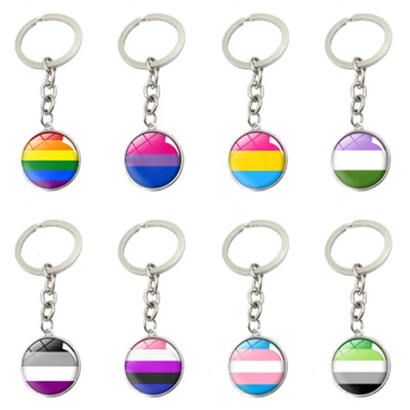 8 style Rainbow Flags Glass Dome Keychain Lesbian Gay LGBT Pride Flag Car Key Chain Silver Plated Metal Ring | Украшения и