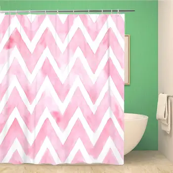 

60x72 Inches Shower Curtain Chevron of Pink Color on White Watercolor Pattern for Fabric Chevron Brushstroke Waterproof