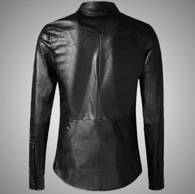 Модные Мужские приталенные рубашки из искусственной кожи, Camisas Hombre, мотоциклетные однобортные топы из искусственной кожи, повседневные рубашки с длинным рукавом