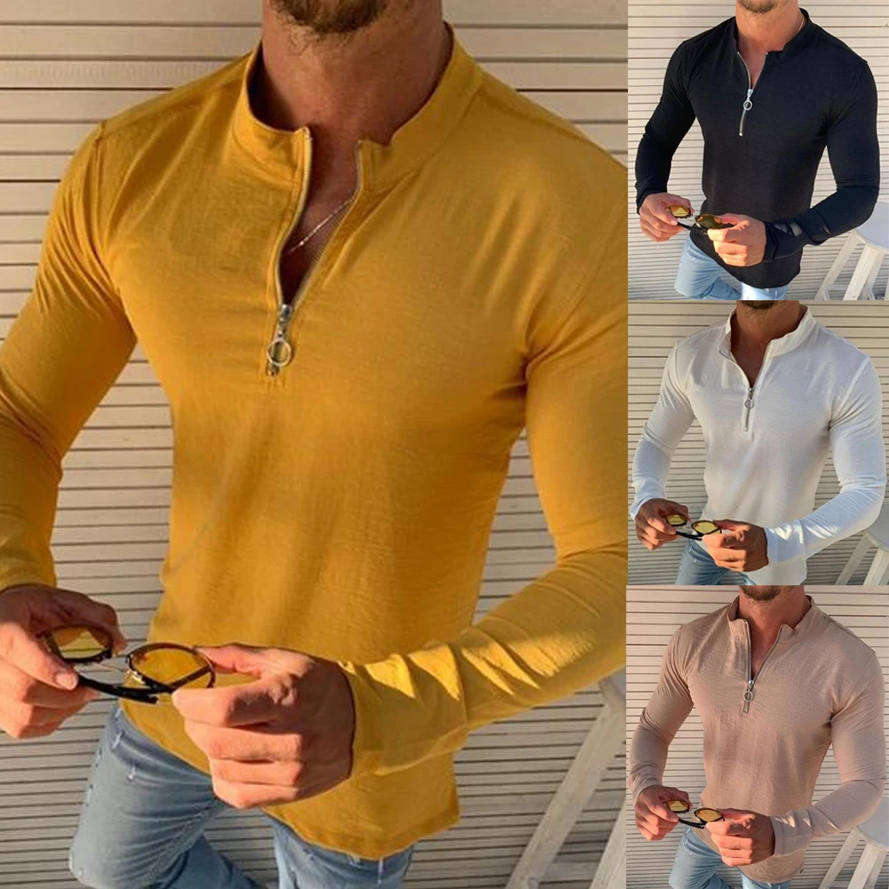 Новая трендовая однотонная модная мужская облегающая футболка на молнии с v-образным вырезом и длинным рукавом, Свободная Повседневная блузка из хлопка и льна на пуговицах