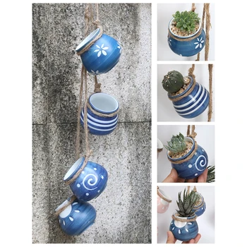 

4pcs Hanging Succulent Flower Pot Cactus Bonsai Planters Hemp Rope Wall-mounted Ceramic Flower Pot Container Garden Decoration