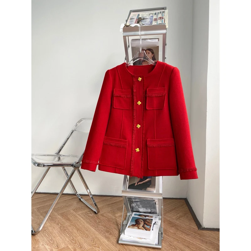 

High End Quality 11.12 Fashion Red Tweed Wool Coat Temperament Vintage Keep Warm Slim Outerwear Women