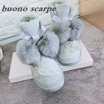 

2019 new handmade sequins pearl plus velvet fur one fox fur ball snow boots women's booties
