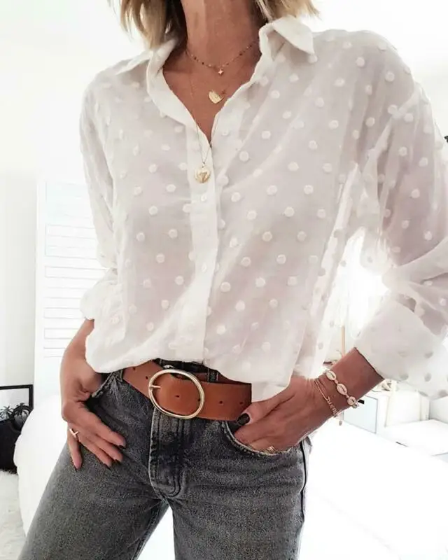 New Fashion 2020 Autumn Women Sexy White Shirt Elegant Long Sleeve Dot Mesh Office Shirt Ladies V-neck Tops Blouse New Fashion 2020 Autumn Women Sexy White Shirt Elegant Long Sleeve Dot Mesh Office Shirt Ladies V-neck Tops Blouse