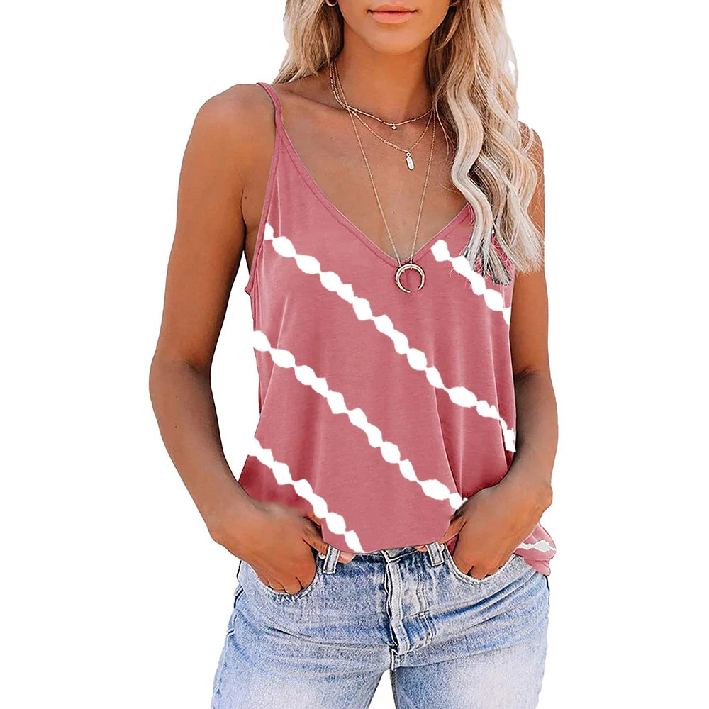 Womens Striped Print Sleeveless Tops Tank V Neck Loose Casual Vest Cami Blouse