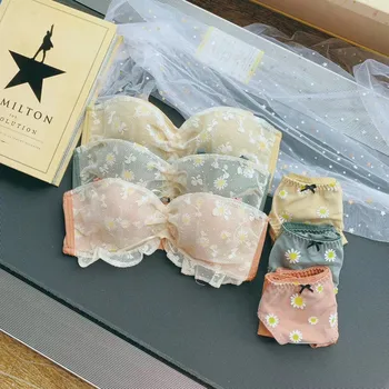 

Little daisy girl underwear set women's small chest gathered inner steel ringless lace lingerie with underpants set ladies