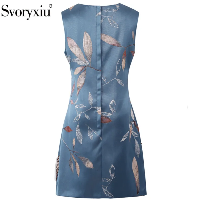 Svoryxiu дизайнерское осенне-зимнее винтажное синее жаккардовое ТРАПЕЦИЕВИДНОЕ мини-платье женские Роскошные вечерние платья без рукавов с бисером