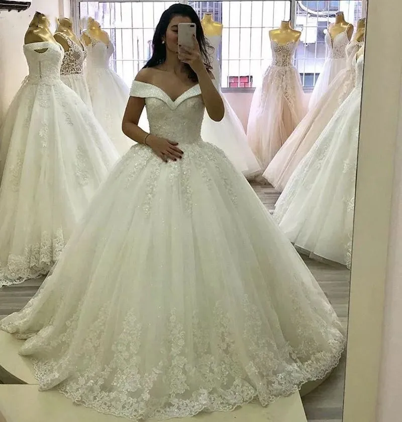 Luxury Crystal Beads Princess Wedding Dresses Lace Applique V Neck Off Shoulder Bridal Gowns With Lace Up Back vestido de noiva blue wedding dress