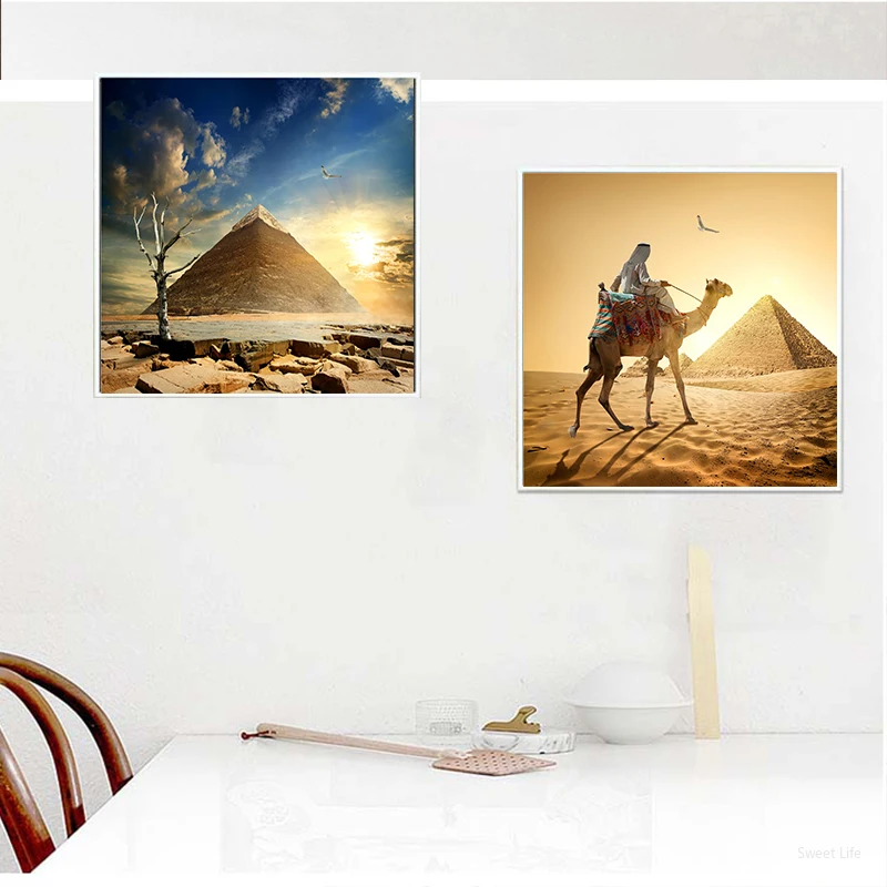Pyramide Egyptienne Paysage Africain Realiste Toile D Art Murale Imprimee Peintures De Chameau Decor De Salon Moderne Aliexpress