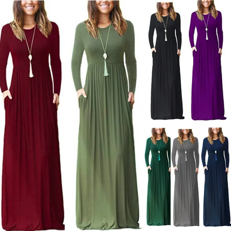 

Fall 2019 new long-sleeved round collar loose big pure color dress