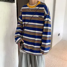 Camiseta a rayas de otoño para hombres y mujeres, camisetas de manga larga de color de contraste japonés, tops informales preppy, Ropa retro